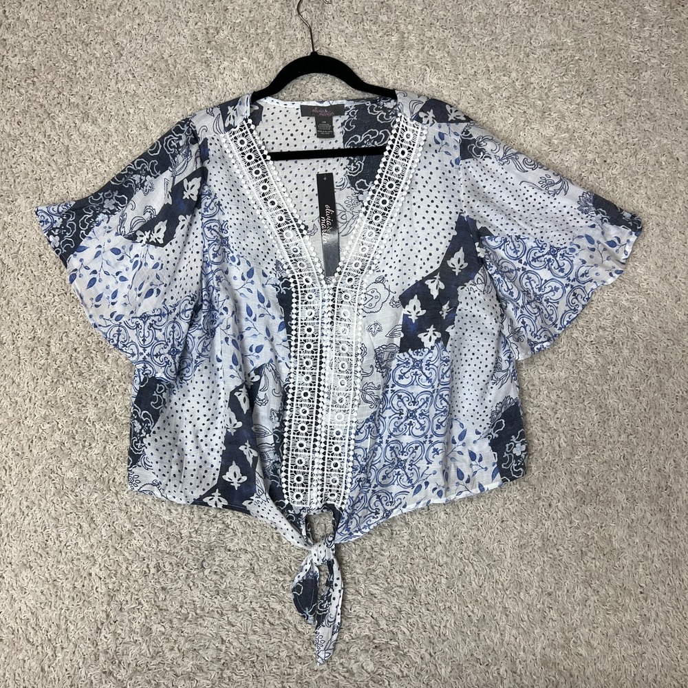 Olivia & Martin Blouse Womens Size 2X Blue Crochet Trim Tie Front Beachy Boho